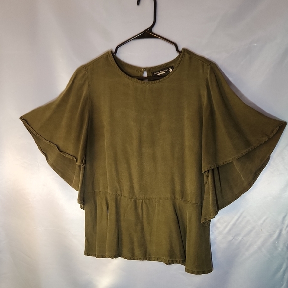Serene Bohemian Tops - Serene Bohemian Olive Green Flutter Sleeve Blouse